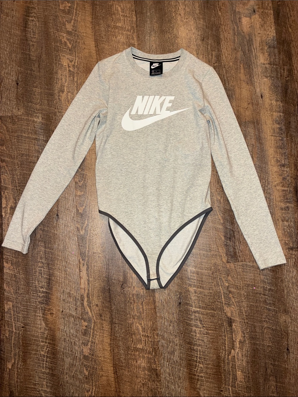 Nike Gray Long-Sleeve Logo Bodysuit with Black Trim